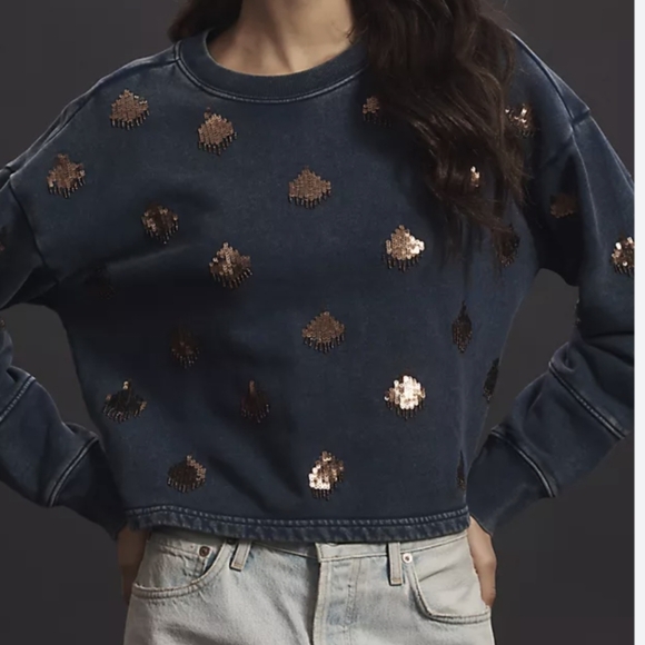 Pilcro Tops - Pilcro Navy Blue Sequin Dot Cropped Sweatshirt Size XS.